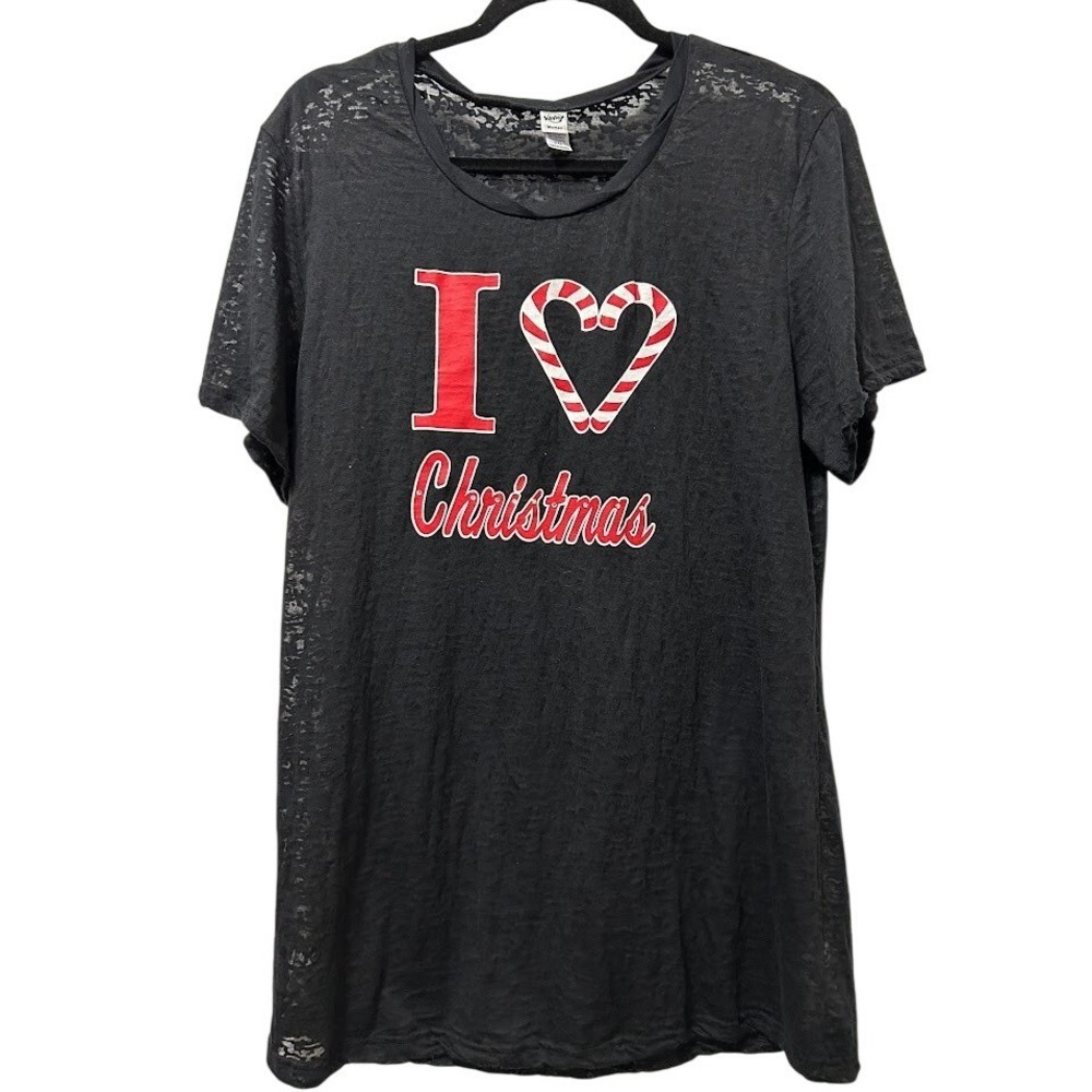 Kavio Black Burnout Jersey‎ I Love Christmas Candy Cane Heart Tunic Top 2XL
